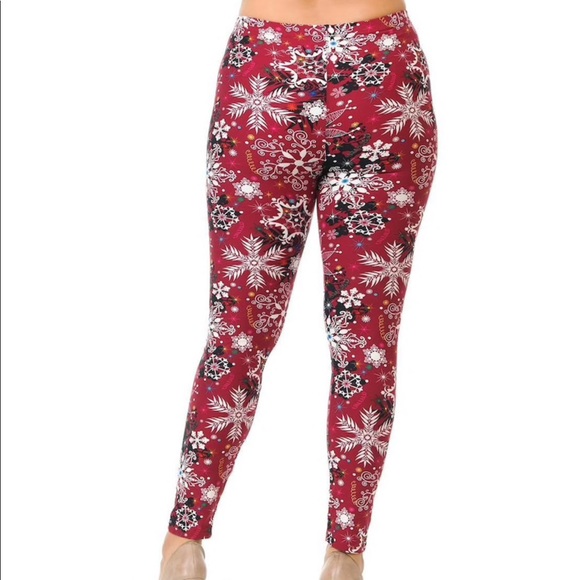1 LEFT‼️ Snowflake Christmas 🎄Burgundy Leggings - Picture 2 of 5
